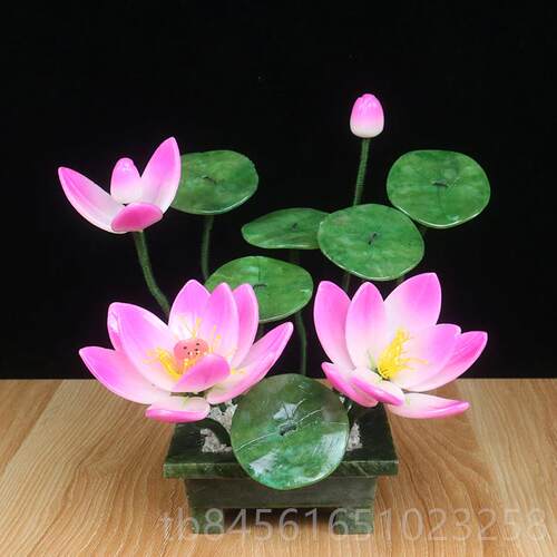 新款中式风格玉石白荷堂花摆件仿真莲花盆家居装客景厅佛供奉佛饰