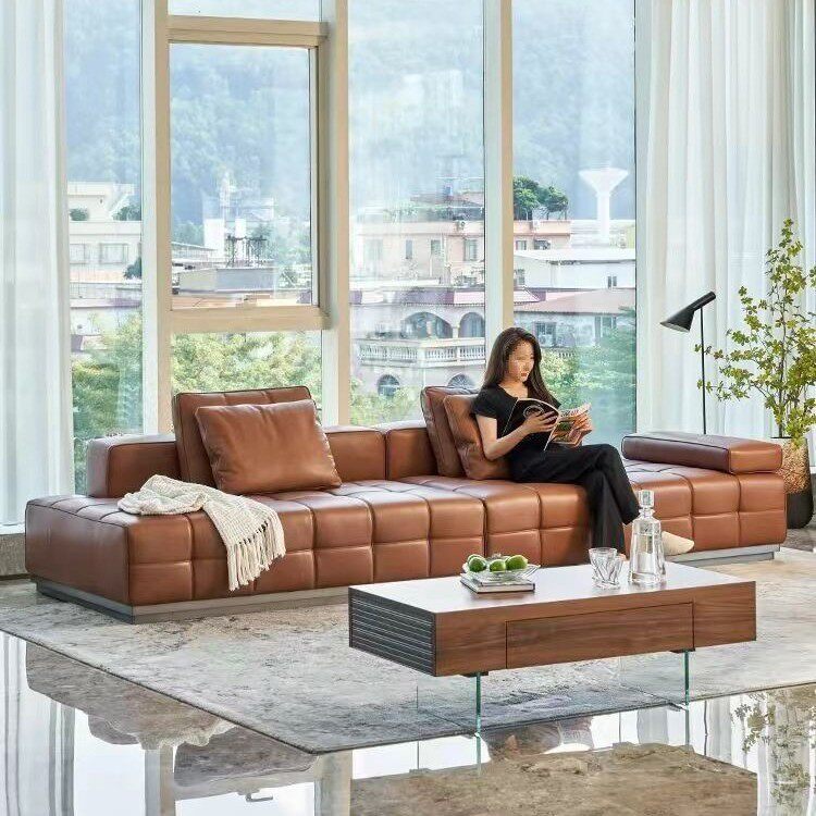 中古风劳伦斯双层不锈钢框架全沙发直排三四人位头层牛皮沙发客厅