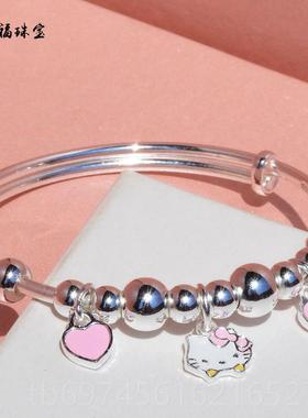 新款小孩银手镯女童儿童子纯银手镯男女款实学生银足999镯卡通心