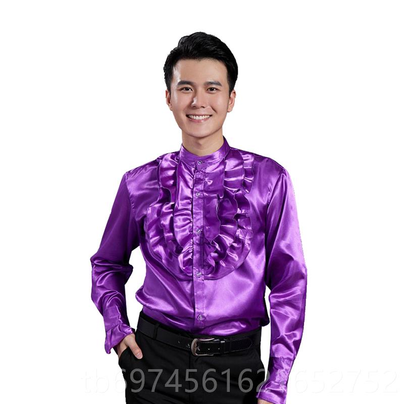 新款影楼照立领宫廷花边衬衫大唱男装礼服拍合舞台演服紫黄出白色图片