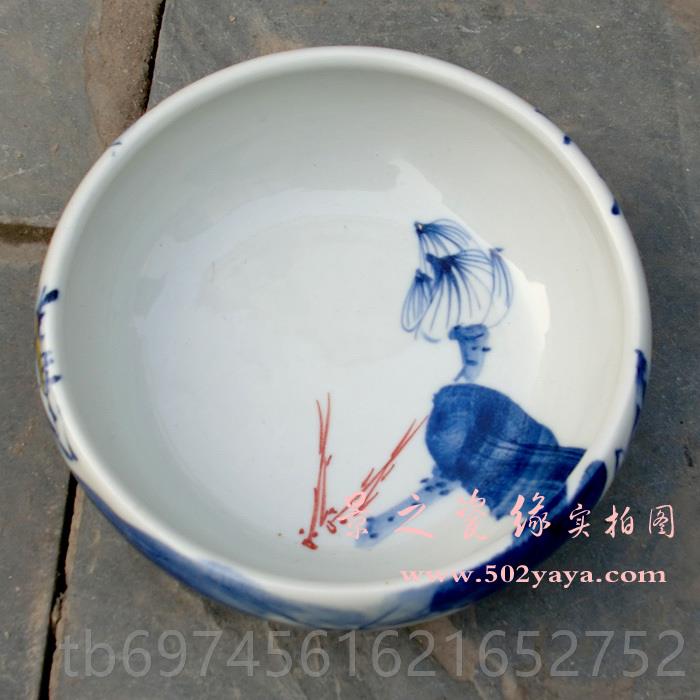 新款盆景德镇陶鱼瓷缸手绘荷花水浅金鱼乌龟水仙笔器洗小型办公室