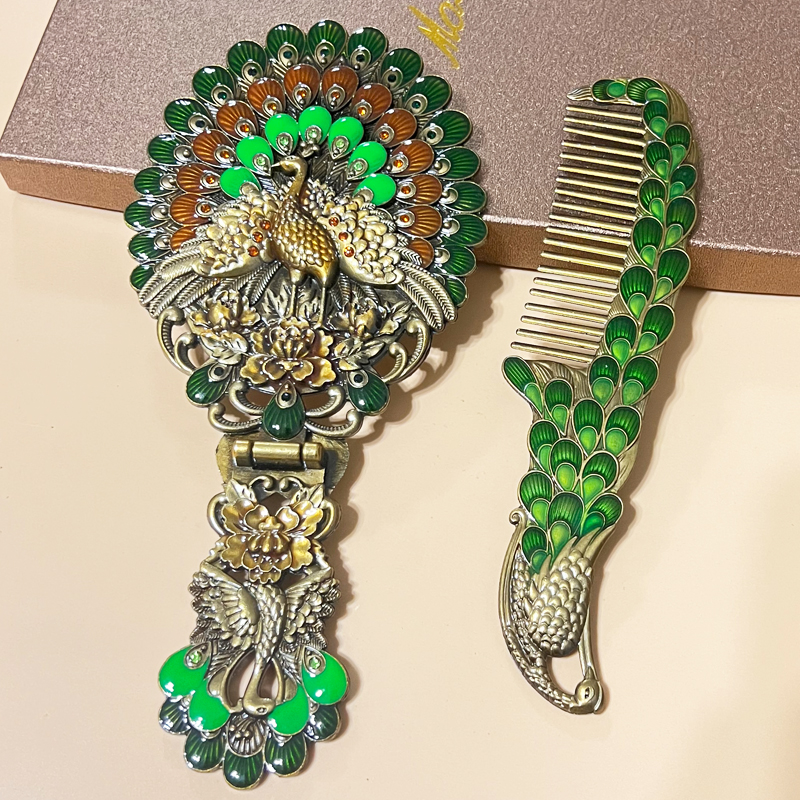 古风手持化妆镜折叠台式公主可携式手柄镜孔雀仿铜镜梳子送生日礼