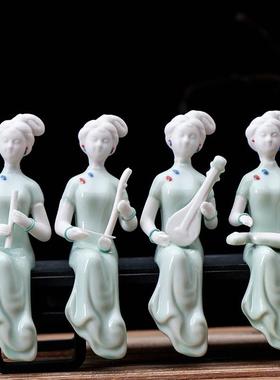 精品青瓷手工仕女陶瓷禅意博古架电视柜中式人物家居装饰品小摆件