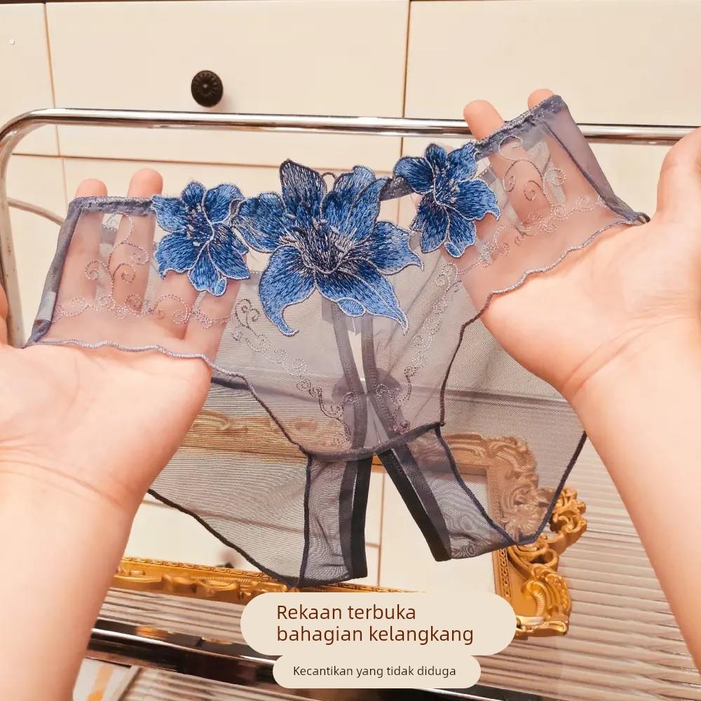 2024新品夏季薄款刺绣镂空开档网纱透明性感内裤女无痕低腰