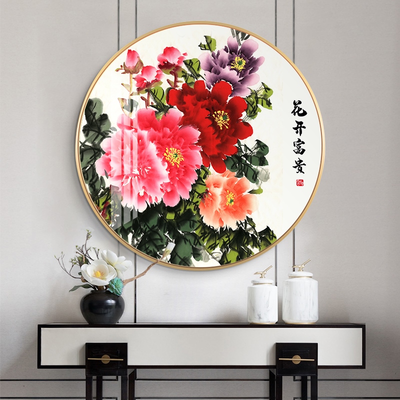定做牡丹圆形装饰画玄关牡丹花走廊壁画客厅尽头挂画福字花开富贵图片