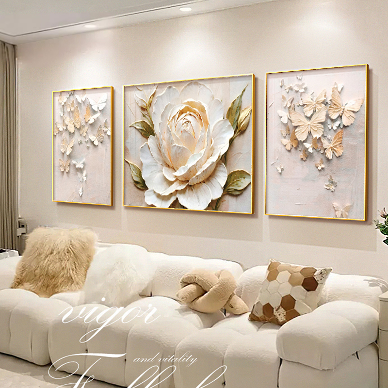 法式奶油风客厅装饰画花卉立体浮雕感沙发背景墙挂画创意白墙壁画图片
