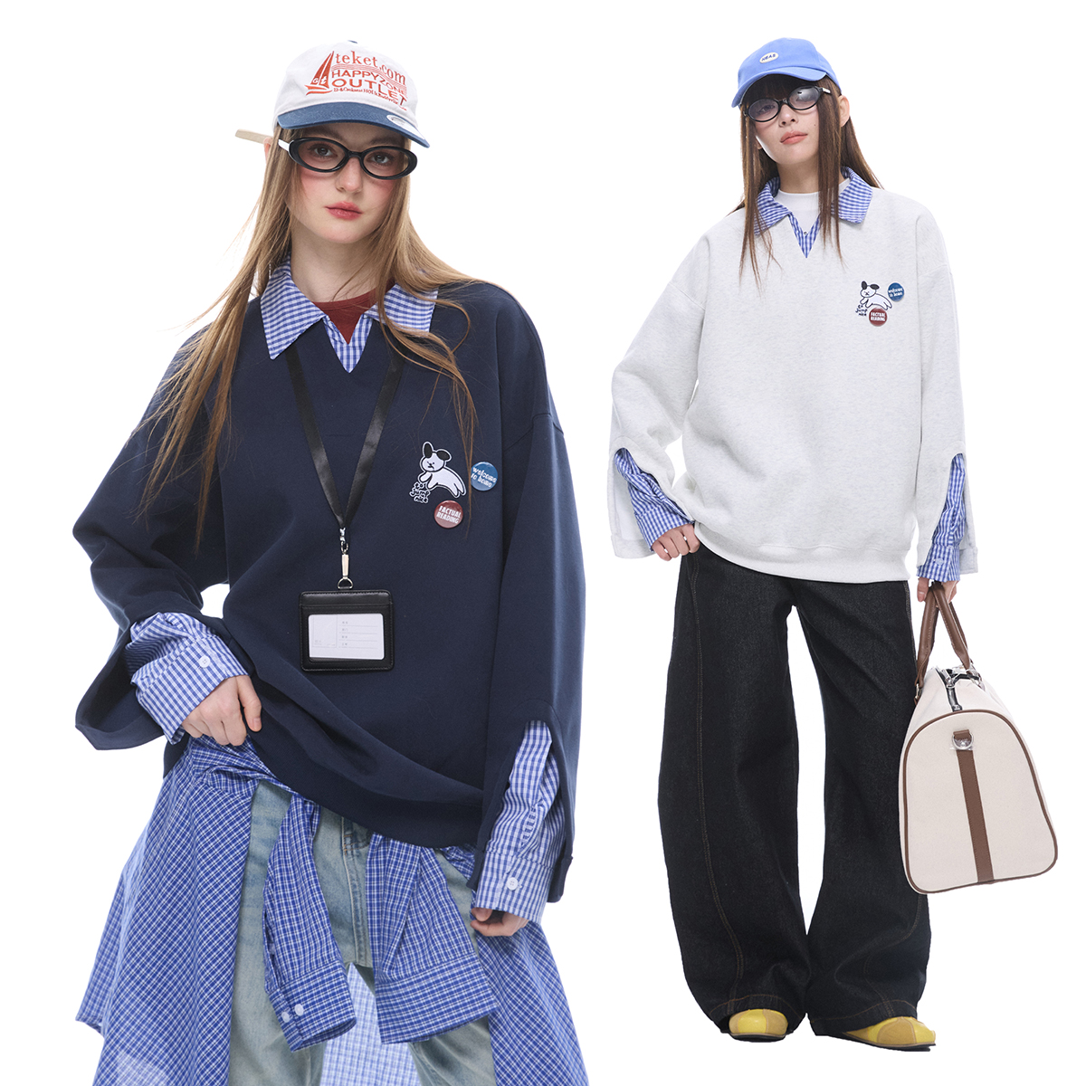 【现货】ZEXO格子Polo翻领袖口松紧下摆刺绣字母小狗徽章长袖卫衣