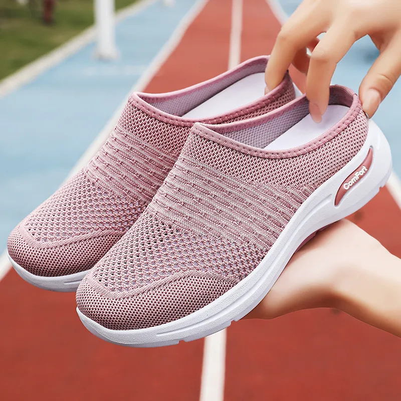 女鞋休闲鞋夏季浅口半拖鞋网面透气飞织鞋软底妈妈鞋一脚蹬懒人鞋,女鞋,时尚芭蕾鞋,淘宝优惠券,粉丝福利购,淘宝优惠卷