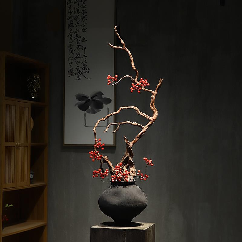 禅意新中式花瓶摆件宋代美学枯木复古粗陶家居玄关别墅侘寂风装饰