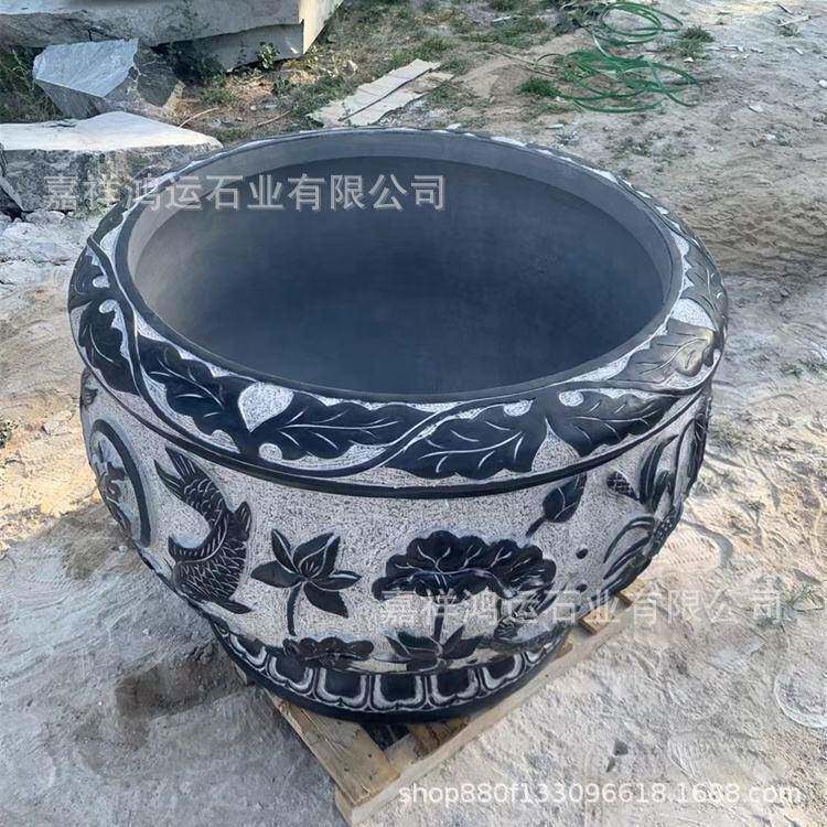 源头工厂青石荷花雕刻鱼缸仿古庭院石雕水缸别墅户外园林养鱼石缸