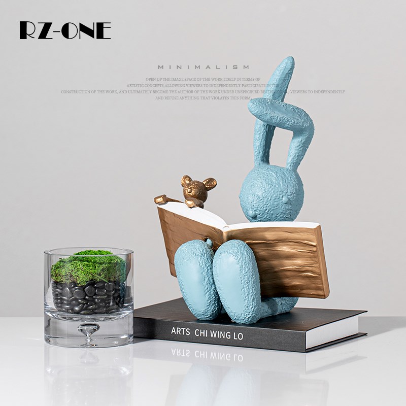 Rzone 简约看书小兔趣味卡通摆件样板间儿童房书房卧室家居装饰品