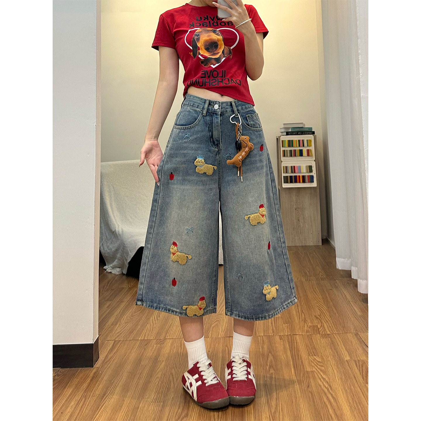 趣味小狗刺绣设计感牛仔短裤女2026春季新款辣妹宽松阔腿七分裤子