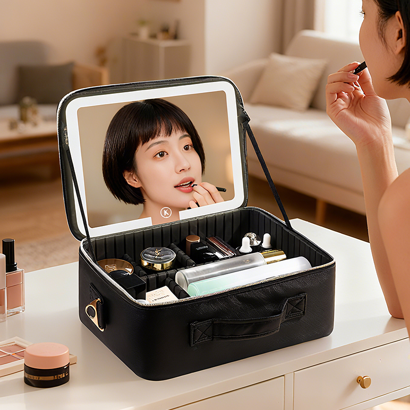 带镜子LED灯化妆包ins新款可挂行李箱出游便携刷子分区收纳化妆盒
