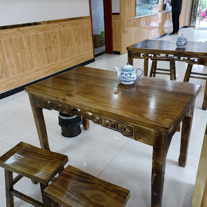 包邮碳化实木桌椅户外快餐面馆火锅烧烤饭店小吃店雕花长条桌组合