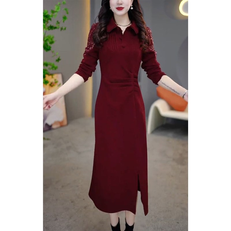 2024秋冬季新款加绒加厚打底连衣裙女气质显瘦亮片拼接中长款裙子