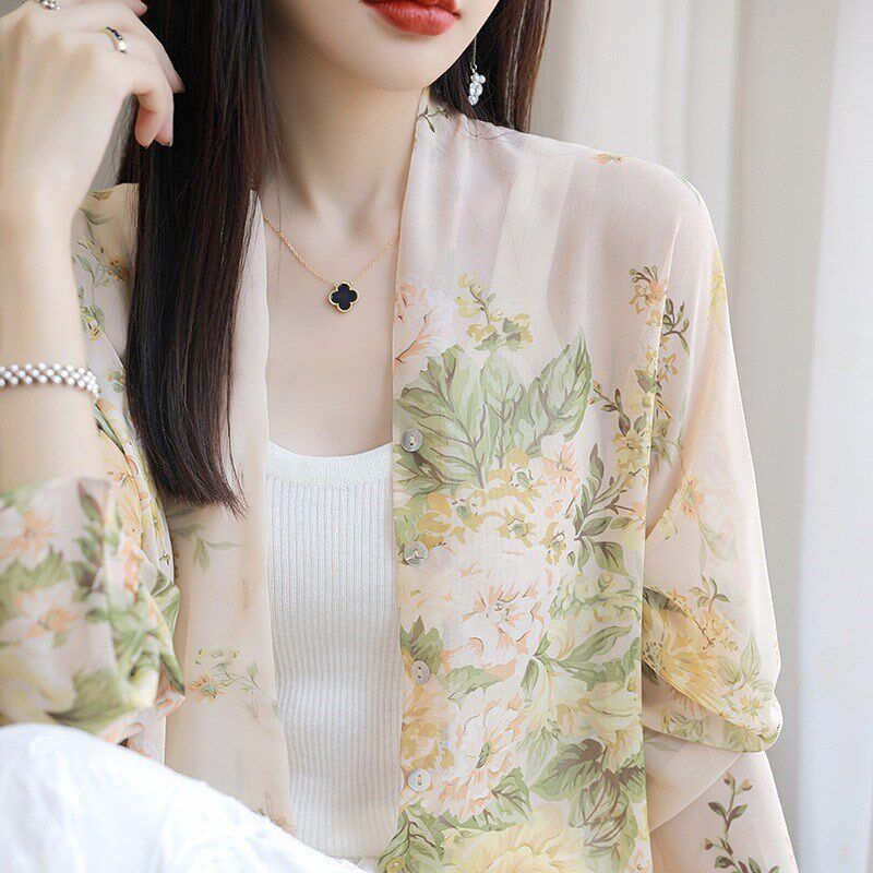 轻薄乔其纱真丝衬衫女士v领气质微透防晒衫长袖夏季薄款开衫上衣