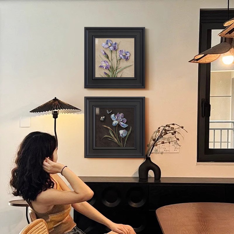 中古风楼梯拐角装饰画法式玄关背景墙小众艺术荷花挂画复古绿色壁图片