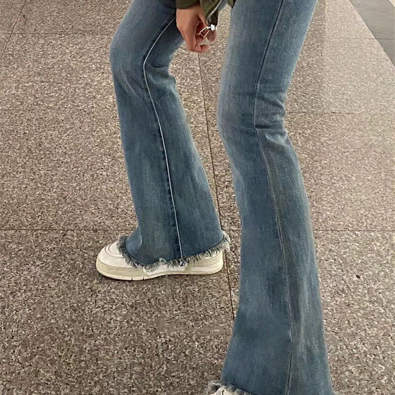 蓝色毛边牛仔裤女春秋大码胖mm高腰直筒弹力修身梨形身材微喇裤子