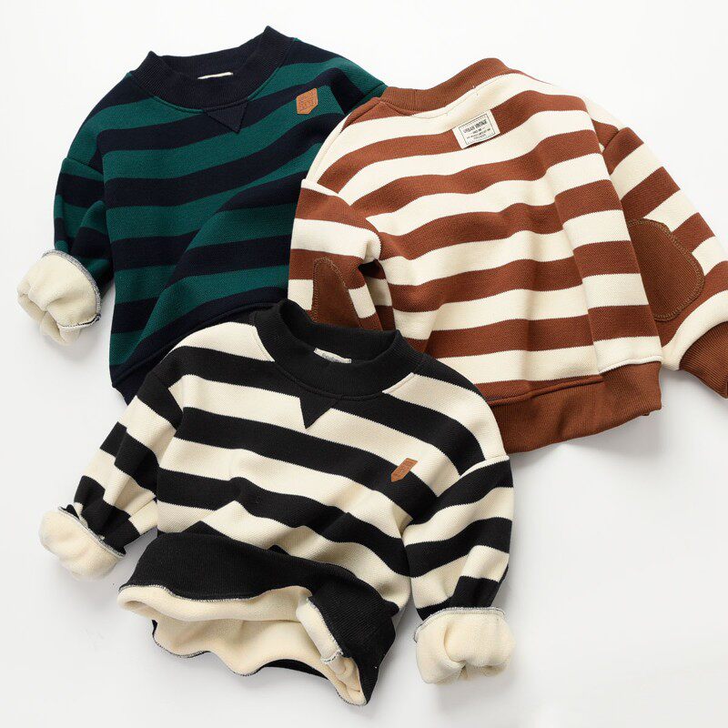 儿童珠地棉加绒卫衣男童女童条纹打底衫保暖上衣中大童秋冬款童装