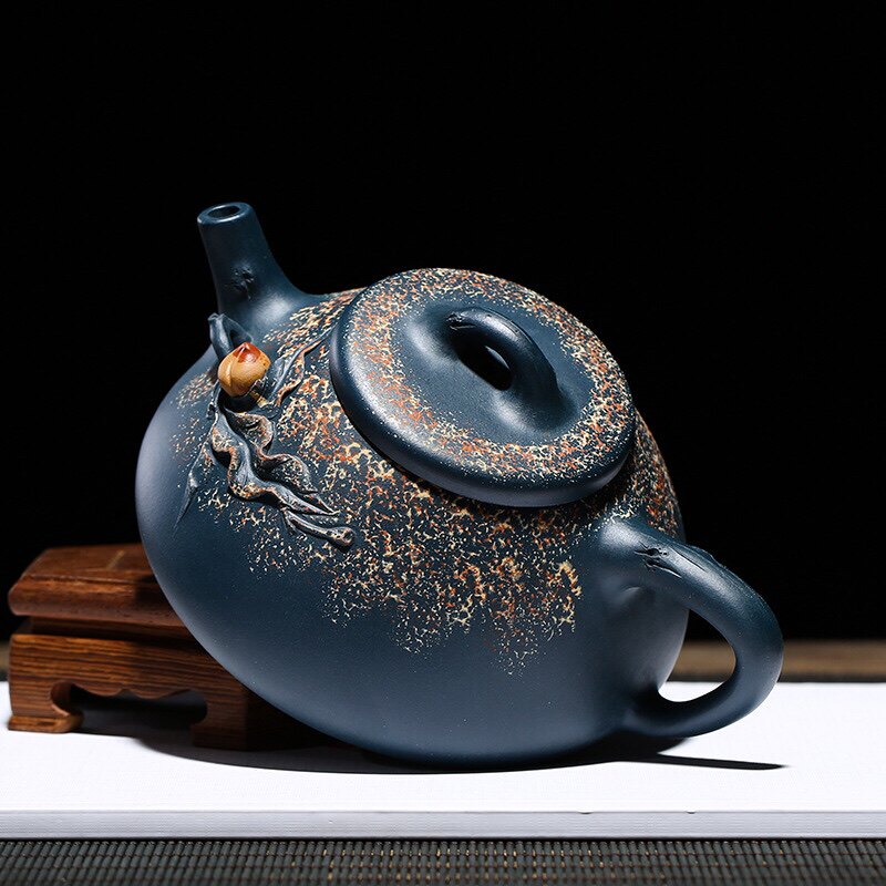 宜兴原矿墨绿泥竹节寿桃紫砂壶纯全手工精品茶壶手绘珍藏天青泥
