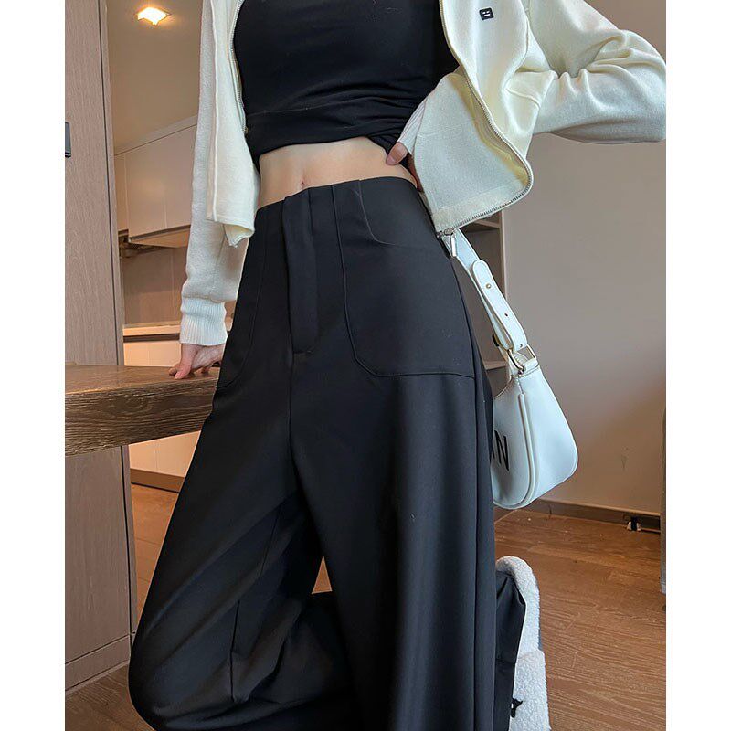 黑灰色阔腿裤女高腰垂感高级感西装裤休闲拖地窄版直筒裤春秋季