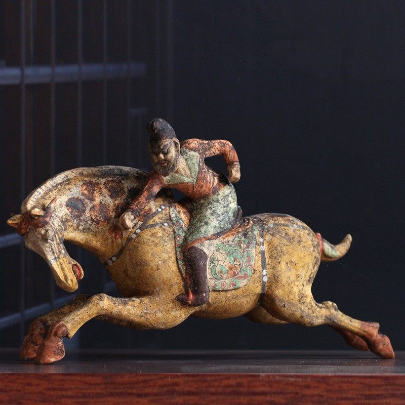 仿古唐朝代陶器陶马陶俑打马球俑摆件马球俑工艺品中式家居饰