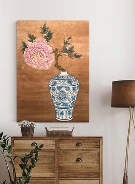 牡丹花开富贵新中式客厅装饰画玄关青花瓷花瓶喷绘油画中古风挂画