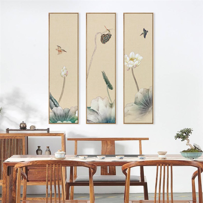 新中式装饰画客厅背景墙壁画禅意荷花茶室挂画竖版三联莲花墙画
