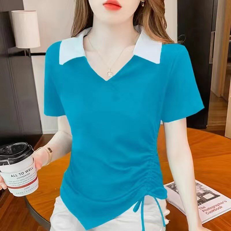 抽绳V领短袖t恤女2024夏季新款修身显瘦百搭短款拼色设计感上衣潮