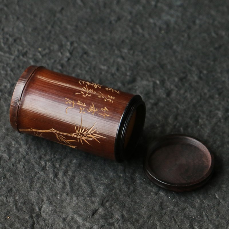 精品纯手工雕刻竹子图老煤竹茶叶罐一体底部竹节老竹茶仓茶筒
