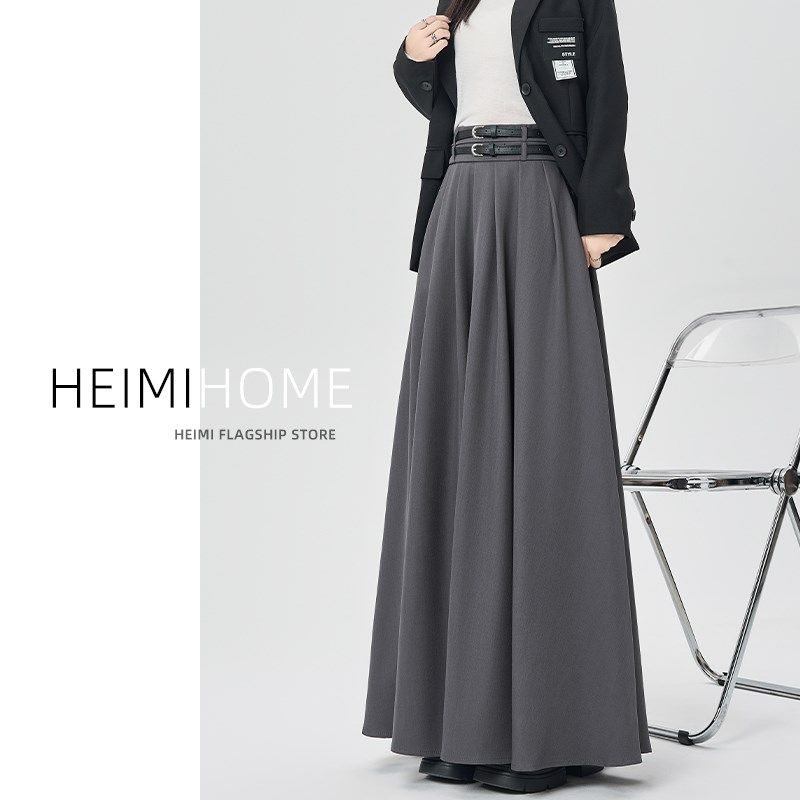 黑色西装百褶裙女春夏秋垂感中长款a字大摆长裙高级双腰带半身裙