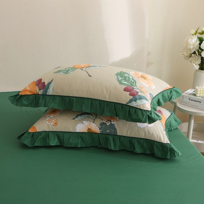 枕套2024新款纯棉全棉枕头套一对高级加厚冬季花边荷叶边紫色拉链