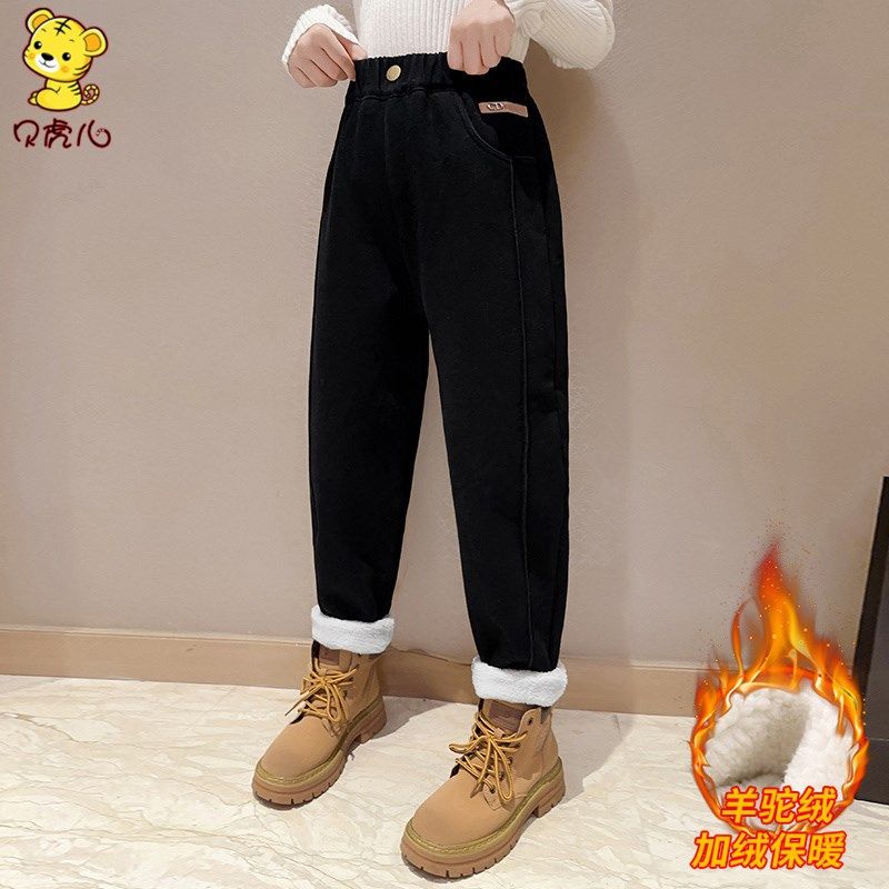 女童裤子加绒加厚外穿冬季2024新款中大童棉裤宝宝秋冬儿童牛仔裤