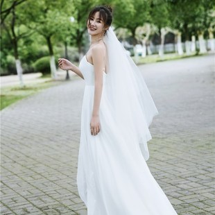 森系简约吊带出门纱海边旅拍拖尾连衣裙 白小仙 轻婚纱2021新款