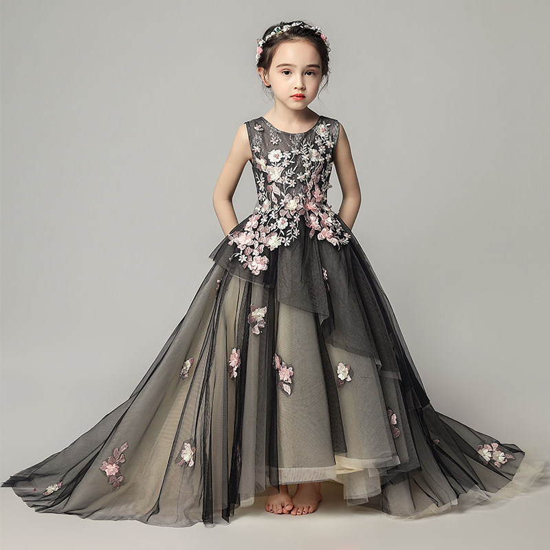 儿童婚纱裙拖尾晚礼服女童公主裙蓬蓬纱黑色模特走秀钢琴表演服冬
