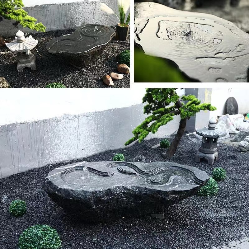天然日式黑山石水钵花盆喷泉水钵造景庭院景观枯山水流水摆件