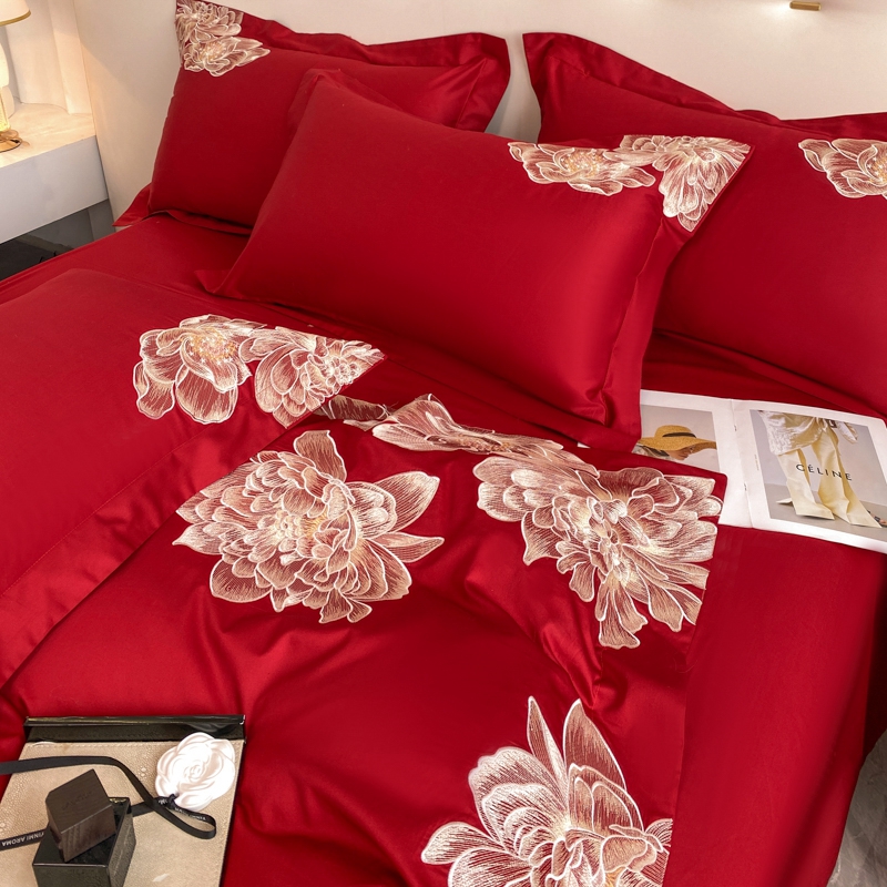 高档奢华长绒棉婚庆四件套纯棉红色床单被套全棉结婚床上用品喜被