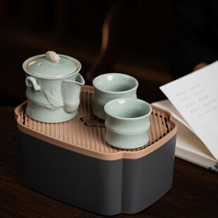 廷怀窑便携式旅行汝窑汝瓷茶具套装茶壶高端手抓壶一壶二杯快客杯