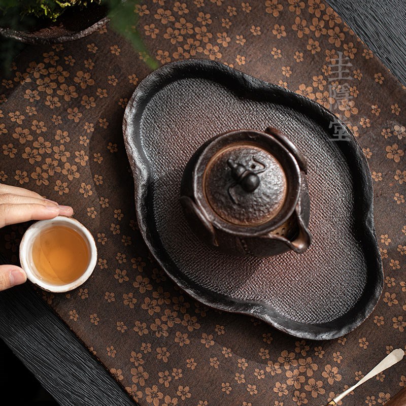 圭隐堂手工石头纹粗陶家用壶承茶盘复古干泡台茶壶托盘茶托茶台