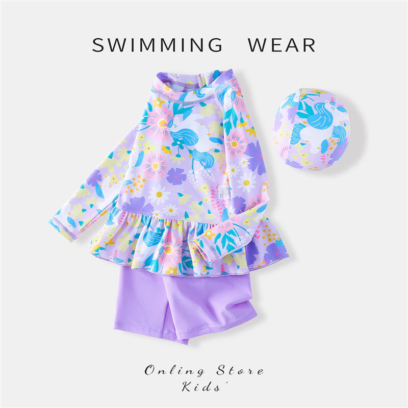 泳衣儿童女2025新款女孩分体游泳衣女童海边度假长袖防晒花边泳装