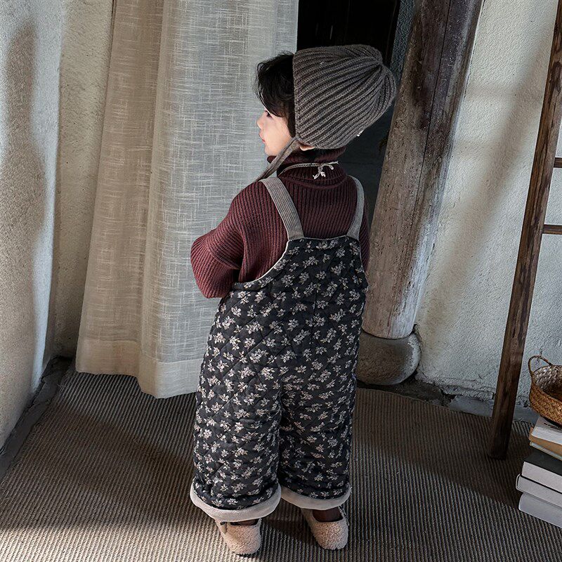 暮晨家新款冬装24男童碎花加绒背带裤儿童森系复古奶奶风加厚棉裤