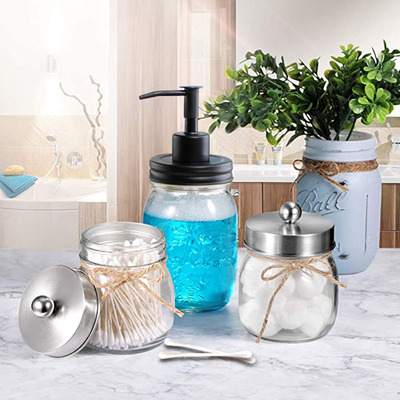 MasonJar乳液器玻璃罐洗手液瓶创意分装按压式棉签棉球瓶套装组合