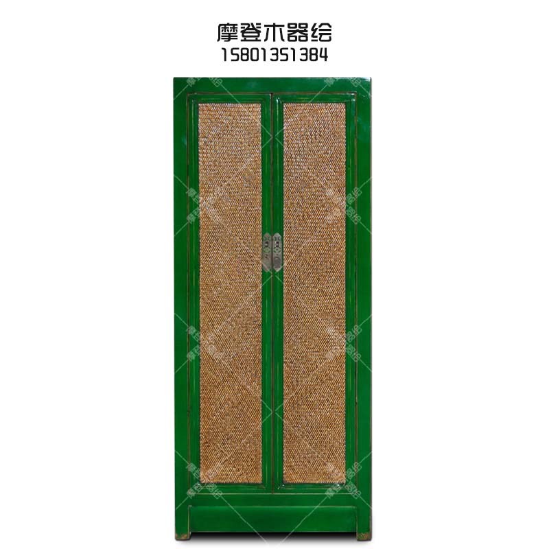 彩绘绿色席面立柜中式仿古二门柜简约衣柜衣橱鞋柜古典实木家具图片
