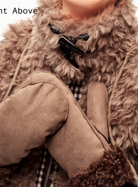 Right Above 麂皮绒皮毛一体挂脖不分指一体手套女冬防风保暖手套