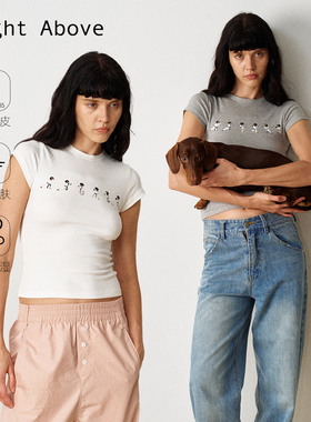 Right Above 原创[功夫腊肠]冰皮凉感修身印花T恤女夏日短款上衣