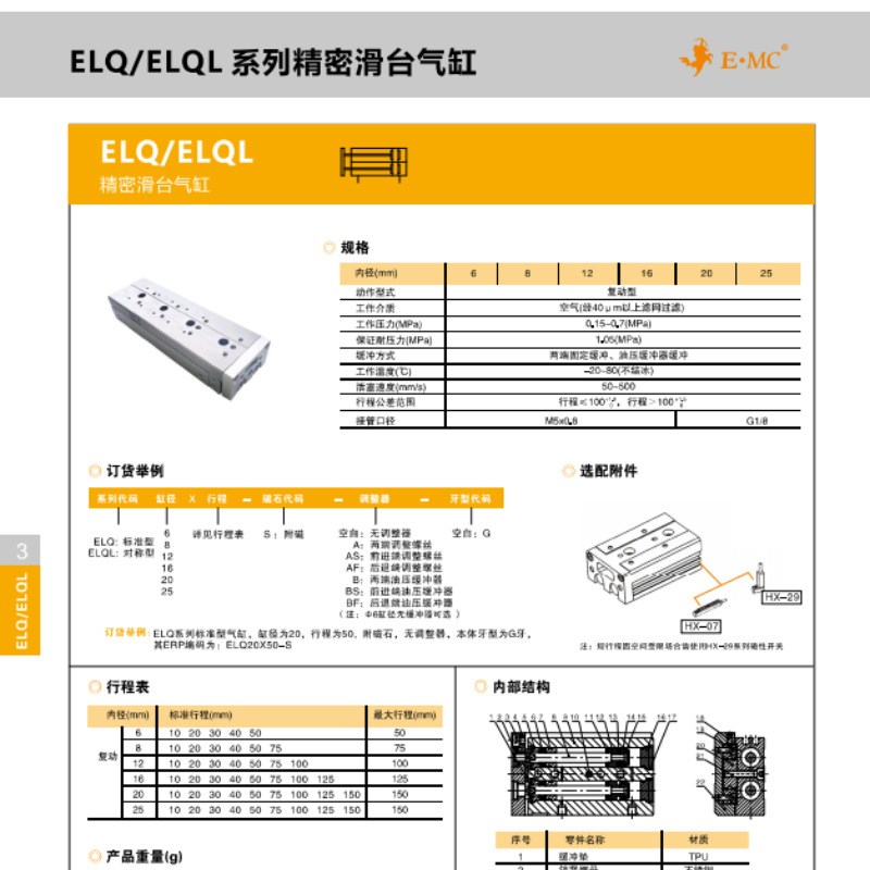 E.MC亿太诺ELQL滑台气缸ELQ6 8 20 25 16 12*30405075-SASBSAFBFG