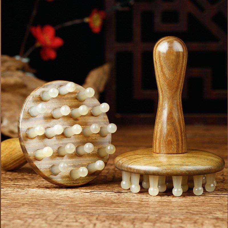 牛角按摩梳绿檀木头部经络28钉指环牛角梳头疗馆专用经络刷带脉刷