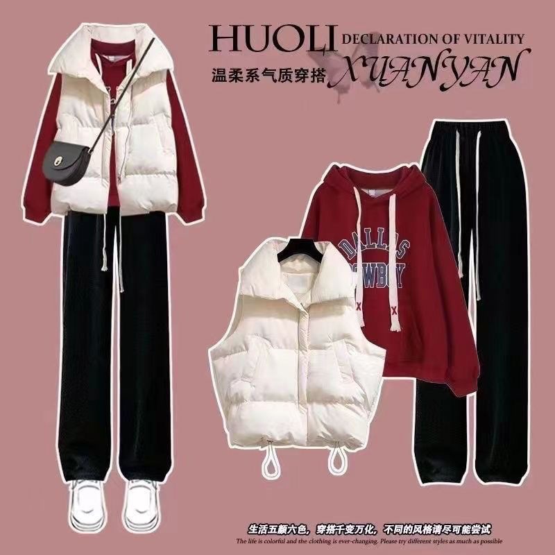 秋冬装搭配一整套女大童初中高中学生甜美加绒卫衣马甲休闲裤套装