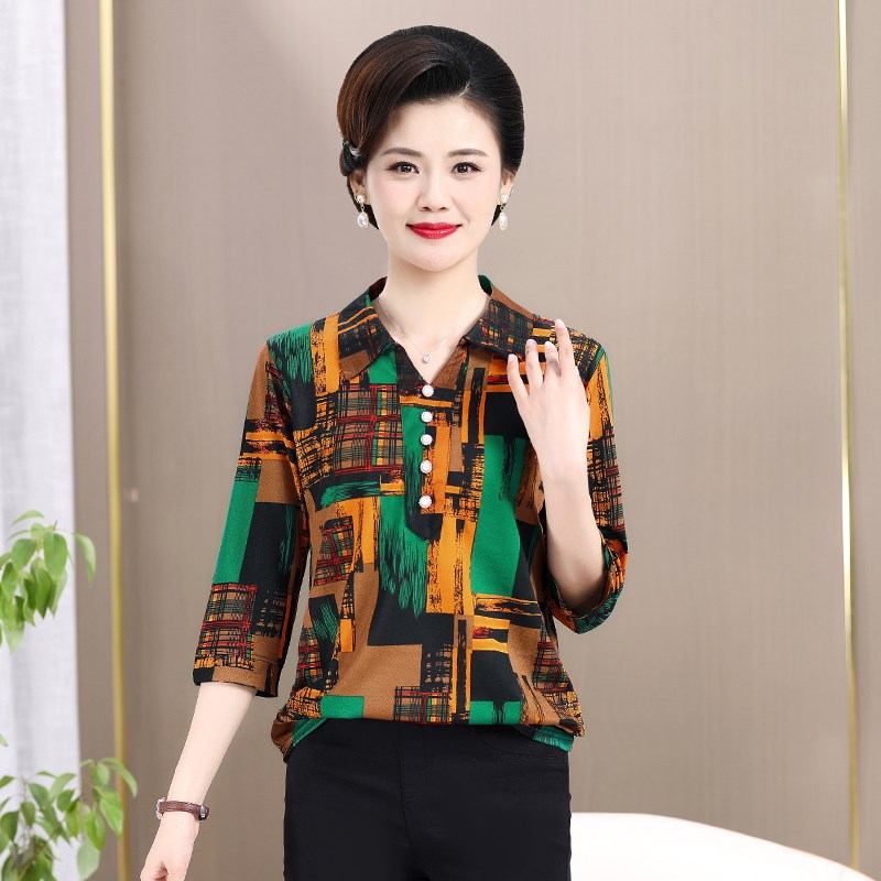 中老年女装上衣时尚夏季妈妈装衬衫领t恤中袖薄款套头打底衫外穿
