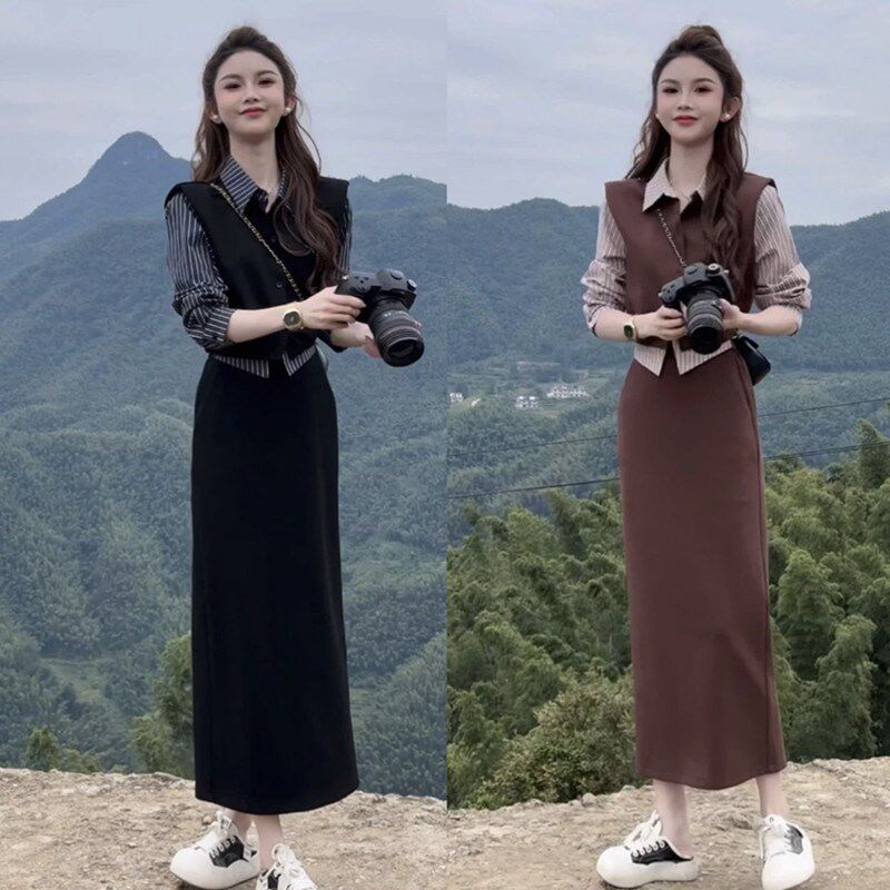 早秋时尚搭配套装女假两件条纹衬衫马甲松紧腰后开叉半身裙两件套